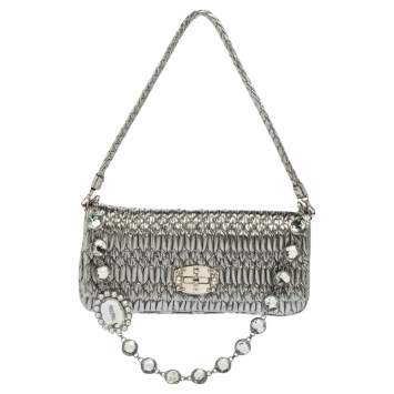 Pre Owned Miu Miu Silver Matelassé Leather Crystal Flap Shoulder Bag