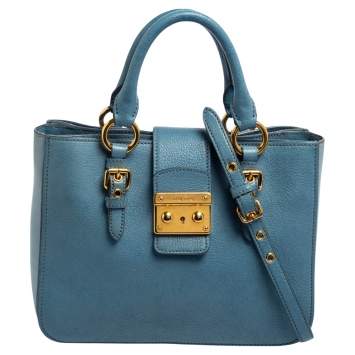 Pre Owned Miu Miu Two Tone Blue Madras Leather Tote