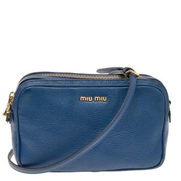 Pre Owned Miu Miu Blue Madras Leather Double Zip Camera Crossbody Bag