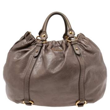 Pre Owned Miu Miu Grey Vitello Shine Leather Gathered Tote