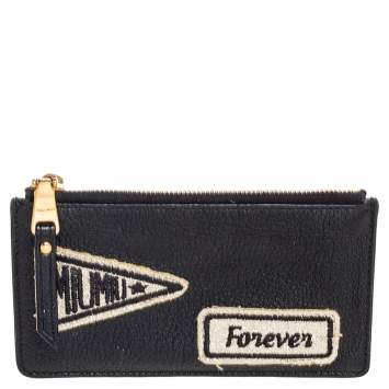Pre Owned Miu Miu Black Leather Patch Zip Card Case