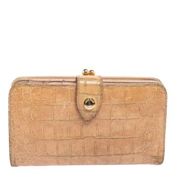 Pre Owned Miu Miu Beige Croc Embossed Leather Long Wallet