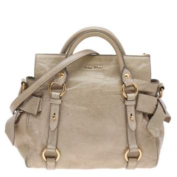 Pre Owned Miu Miu Grey Vitello Lux Leather Bow Satchel