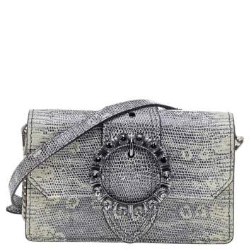 Pre Owned Miu Miu Beige/Blue Lizard Embossed Leather Crystal Embellished Buckle Flap Shoulder Bag