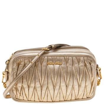 Pre Owned Miu Miu Metallic Gold Matelasse Leather Double Zip Crossbody Bag