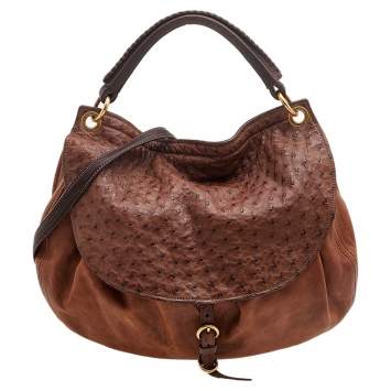 Pre Owned Miu Miu Brown Ostrich And Leather Top Handle Bag
