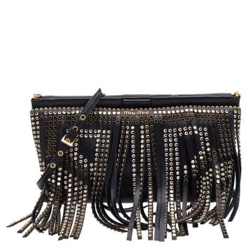 Pre Owned Miu Miu Black Leather Crystal Embellished Fringed Clutch