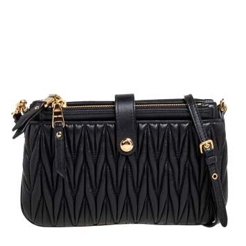 Pre Owned Miu Miu Black Matelassé Leather Zip Crossbody Bag