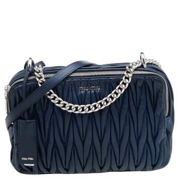 Pre Owned Miu Miu Navy Blue Matelassé Leather Crossbody Bag