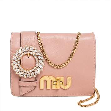 Pre Owned Miu Miu Peach Leather Crystal Buckle Flap Shoulder Bag