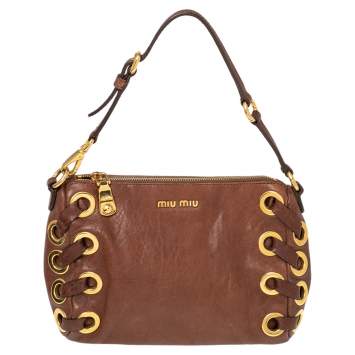 Pre Owned Miu Miu Brown Leather Eyelet Pochette Clutch