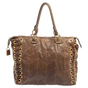 Pre Owned Miu Miu Brown Chevron Leather Grommet Satchel