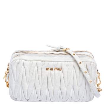 Pre Owned Miu Miu White Matelassé Leather Double Zip Crossbody Bag