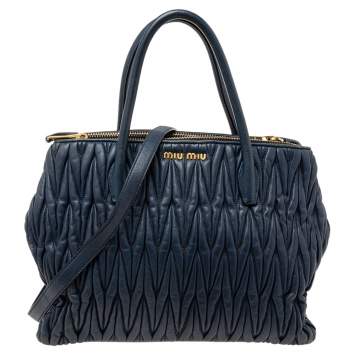 Pre Owned Miu Miu Navy Blue Matelassé Leather Tote
