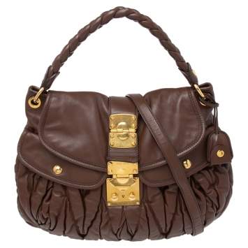 Pre Owned Miu Miu Brown Matelassé Leather Coffer Hobo