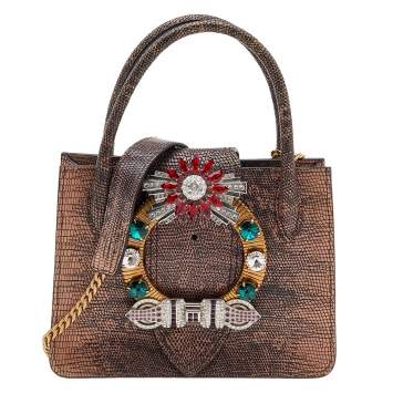 Pre Owned Miu Miu Peach/Black Lizard Embossed Leather Crystal Embellished Tote
