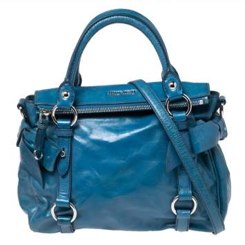 Pre Owned Miu Miu Blue Leather Vitello Lux Leather Bow Top Handle Bag