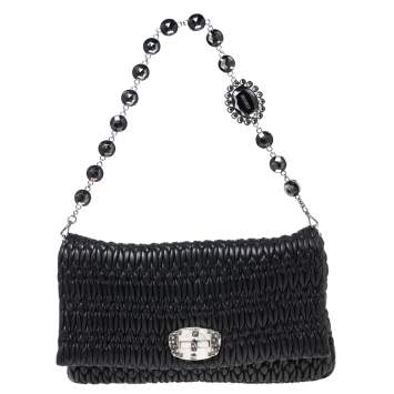 Pre Owned Miu Miu Black Matelassé Leather Crystal Flap Shoulder Bag 