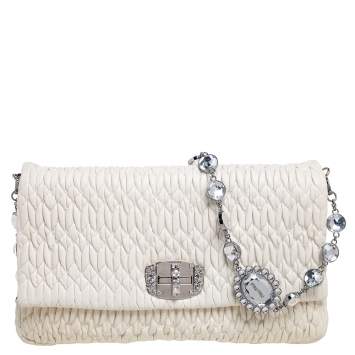 Pre Owned Miu Miu White Matelasse Leather Crystal Shoulder Bag