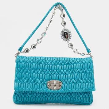 Pre Owned Miu Miu Aqua Blue Matelassé Leather Crystal Embellished Shoulder Bag