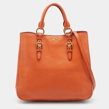 Pre Owned Miu Miu Orange Madras Leather Shopping Tote