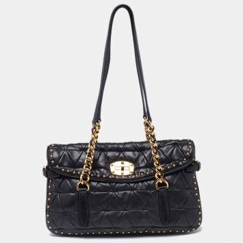 Pre Owned Miu Miu Black Diamond Quilted Leather Flap Shoulder Bag