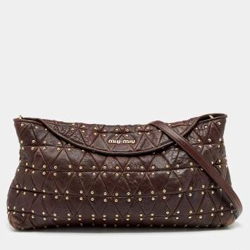 Pre Owned Miu Miu Dark Brown Leather Studded Crossbody Bag