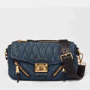 Pre Owned Miu Miu Blue Matelasse Denim Biker Shoulder Bag