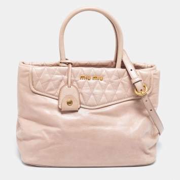 Pre Owned Miu Miu Pale Pink Quilted Glossy Leather Middle Zip Tote