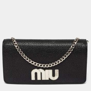 Pre Owned Miu Miu  Black Leather Logo Flap Wallet on Chain