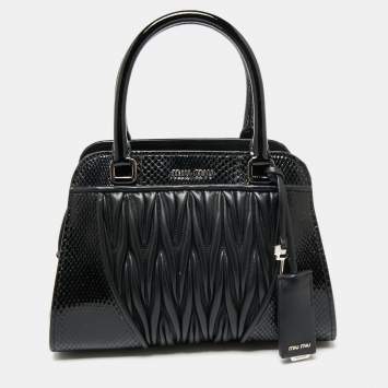 Pre Owned Miu Miu Black Matelassé Leather and Snakeskin Satchel