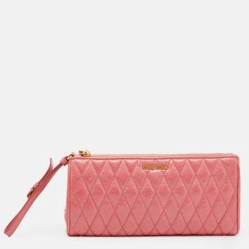 Pre Owned Miu Miu Pink Matelasse Leather Top Zip Clutch
