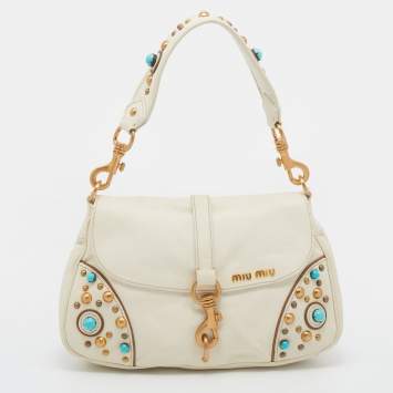 Pre Owned Miu Miu Cream Leather Studded Buffallo Stone Shoulder Bag