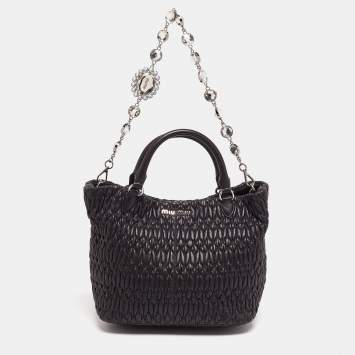 Pre Owned Miu Miu Black Matelasse Leather Swarovski Crystal Convertible Tote