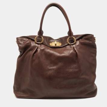 Pre Owned Miu Miu Dark Brown Leather Turnlock Flap Tote