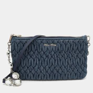 Pre Owned Miu Miu Navy Blue Matelassé Denim Crystal Embellished Crossbody Bag
