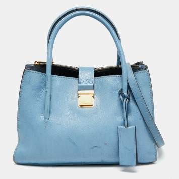 Pre Owned Miu Miu Blue/Navy Blue Madras Leather Push Lock Tote