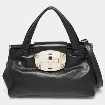 Pre Owned Miu Miu Black Leather Turnlock Flap Tote