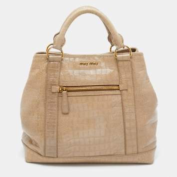 Pre Owned Miu Miu Beige Croc Embossed Patent Leather Front Zip Tote