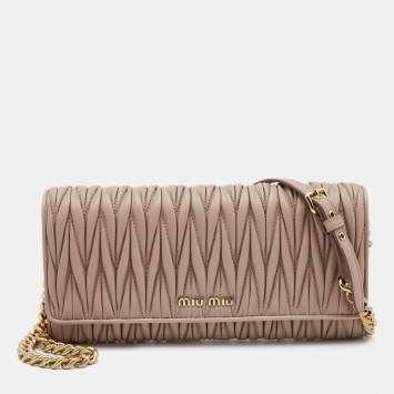 Pre Owned Miu Miu Beige Matelassé Leather Flap Wallet on Chain