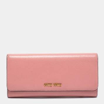 Pre Owned Miu Miu Pink Leather Logo Flap Continental Wallet