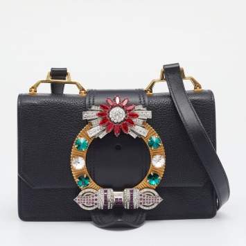 Pre Owned Miu Miu Black Madras Leather Crystal Embellished Buckle Flap Shoulder Bag