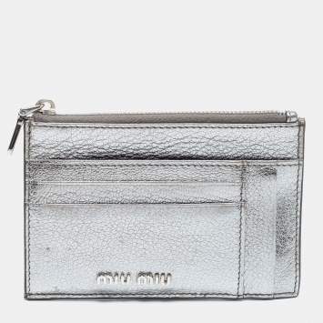 Pre Owned Miu Miu Metallic Silver Leather Zip Card Holder