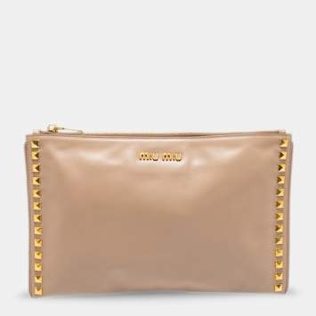 Pre Owned Miu Miu Beige Leather Studded Clutch
