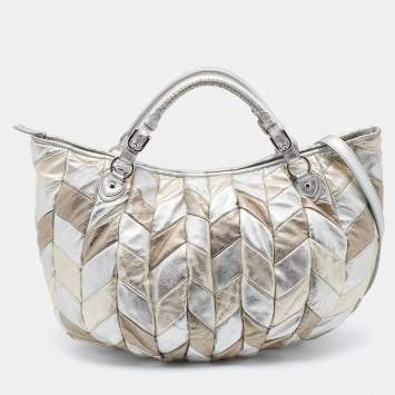 Pre Owned Miu Miu Metallic Silver/Gold Leather Harlequin Shopper Tote