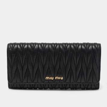Pre Owned Miu Miu Black Matelasse Leather Flap Continental Wallet