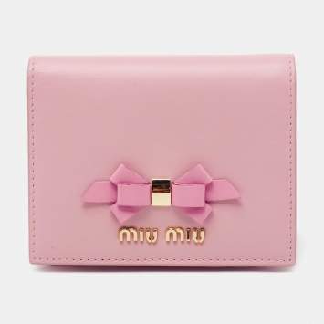 Pre Owned Miu Miu Pink Leather Bow Detail Compact Wallet