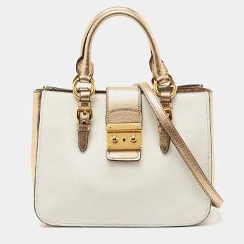 Pre Owned Miu Miu White/Gold Leather Medium Madras Tote