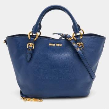 Pre Owned Miu Miu Blue Grained Leather Madras Tote