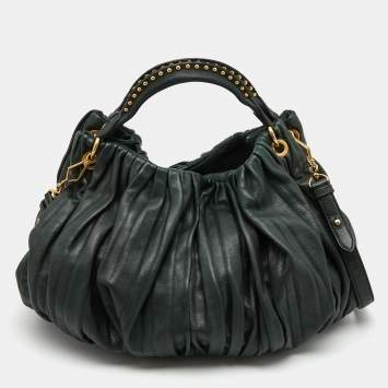 Pre Owned Miu Miu Dark Green Pleated Leather Large Plisse Hobo